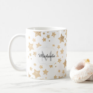 Mug Étoiles or brillant Noël Monogramme blanc