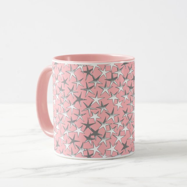 Mug Étoiles texturées en métal argenté sur rose rose p (Devant gauche)
