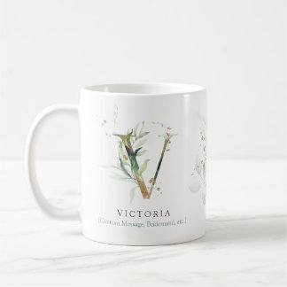 Mug Eucalyptus Gold Monogramme initial V vert chic