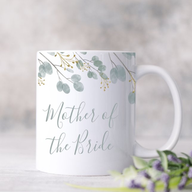 Mug Eucalyptus Mère de la Mariée (Mother of the Bride Coffee Mug decorated with eucalyptus and just a touch of gold. )