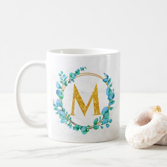 Mug Eucalyptus Vert Doré Personnaliser Monogramme A-Z (Avec donut)