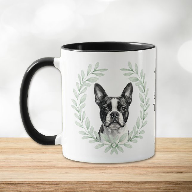 Mug Eucalyptus Wreath Boston Terrier Dog Monogram (Créateur téléchargé)