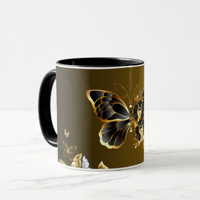 Mug Euphonie Dorée – Papillon Noir et Or Art (Devant gauche)