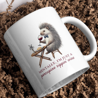 Mug Excentrique Pun Unique Porcupine Sippin'Wine Funny