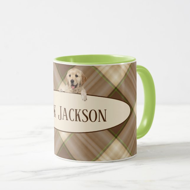 Mug Extrait d'or sur motif plaid brun avec nom (Devant droit)