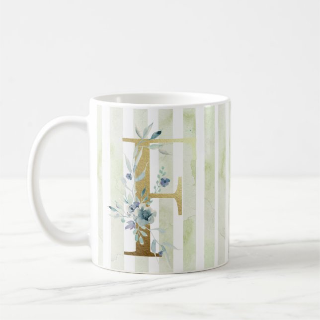 Mug F initiale dorée sur bandes bleues et blanches (Gauche)