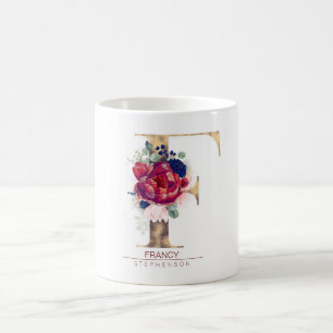 Mug F Monogramme Floral Bourgogne Rouge et Navy Blue