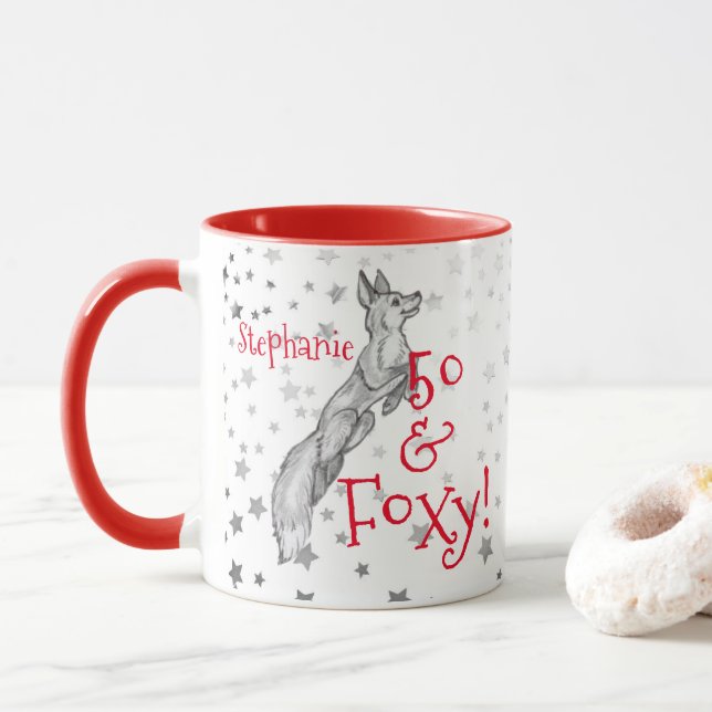 Mug Fabuleux Foxy 50e anniversaire Black White Renard  (Avec donut)