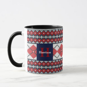 Mug Fair Isle Jacquard Blue and Red Monogramme