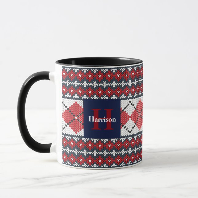 Mug Fair Isle Jacquard Blue and Red Monogramme (Gauche)