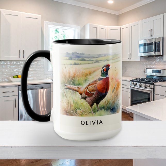 Mug Faisan à l'aquarelle Faune de campagne Personnalis (A personalized coffee mug with pheasant illustration in a watercolor style)