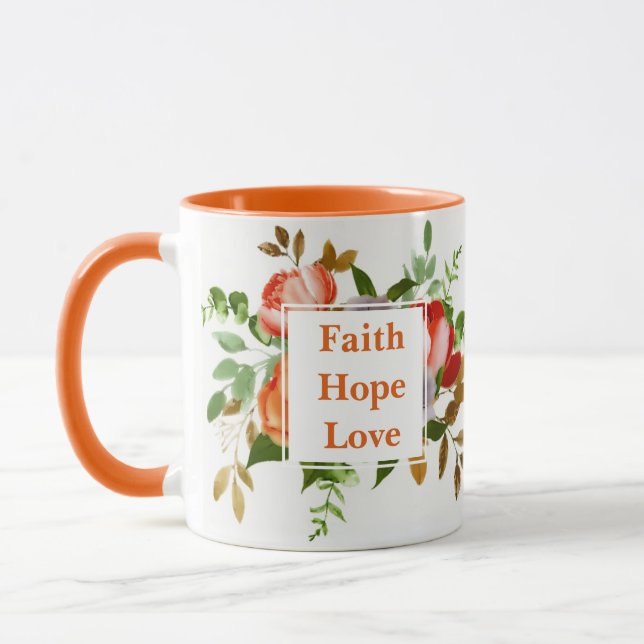 Mug Faith Hope Love orange aquarelle fleurs Monogramme (Gauche)