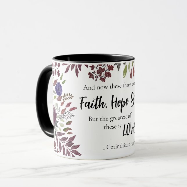 Mug Faith Hope Love Religion Écriture Citation Florale (Devant gauche)