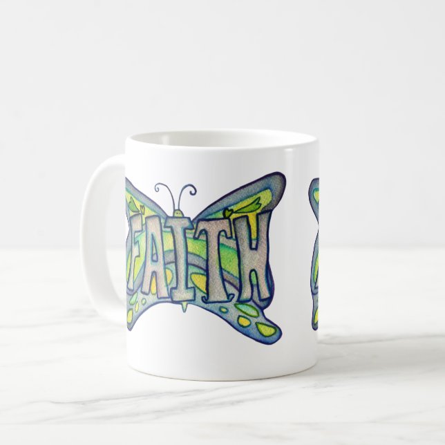 Mug Faith Word Art Blue Butterfly Wings Coffee Cup (Devant gauche)