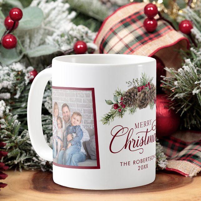 Mug Famille 2 Photo Pine de Noël Élégant Script (Créateur téléchargé)