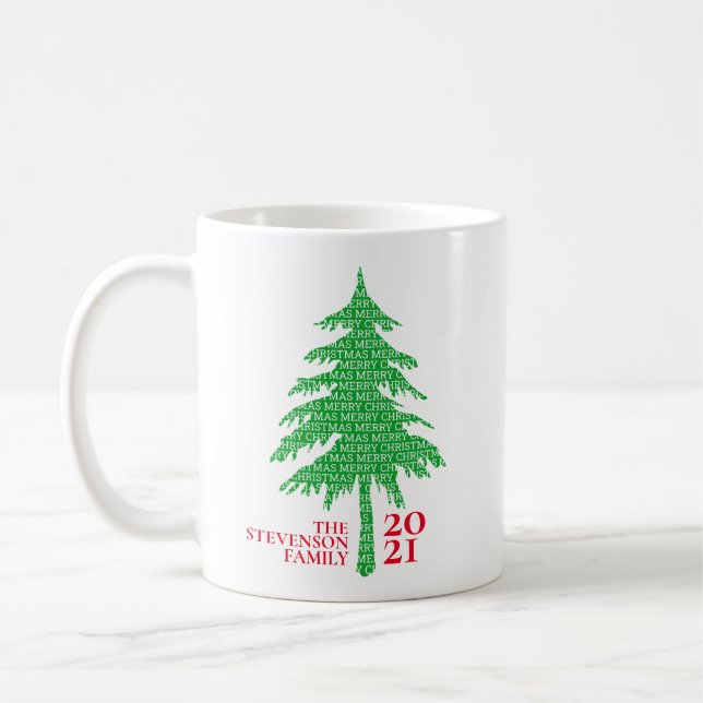 Mug Famille d'arbre de Noël moderne rouge et vert (Gauche)
