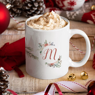 Mug Famille de Noël Monogramme Aquarelle Florale