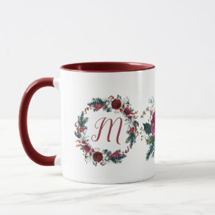 Mug Famille de Noël monogramme fleurs saisonnière