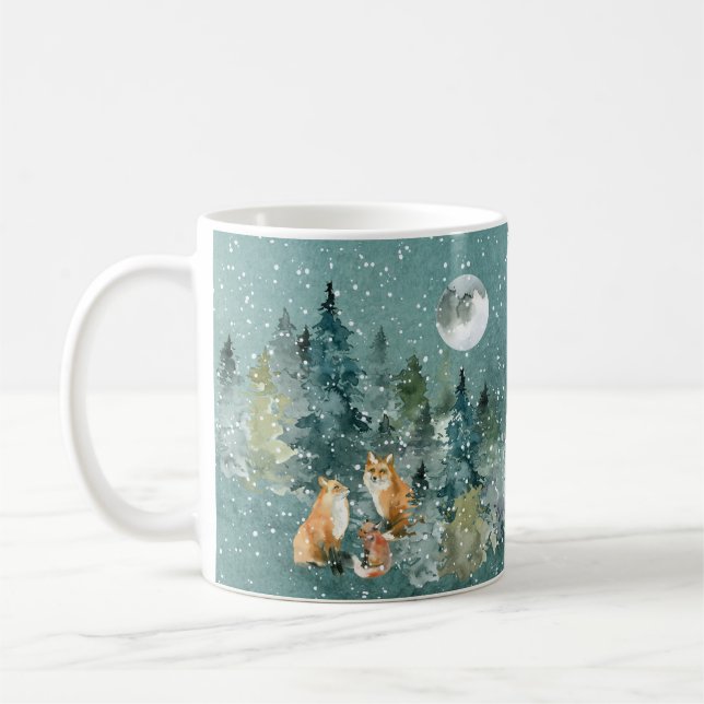Mug Famille Fox en forêt Pleine lune neige (Gauche)