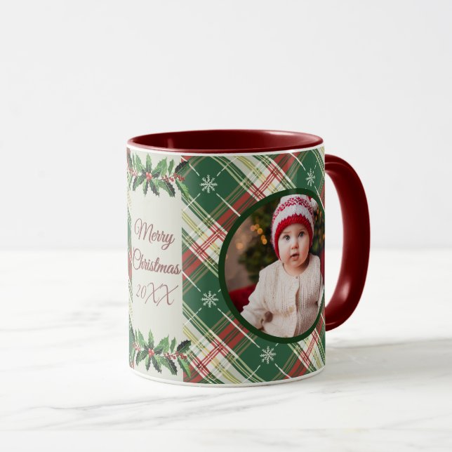 Mug Famille personnalisée Noël Blanc, Vert Plaid (Devant droit)