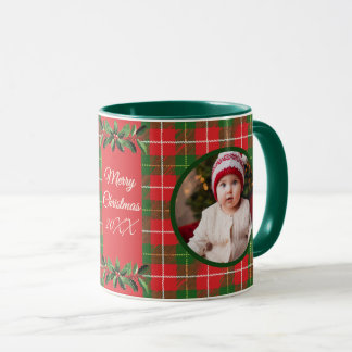 Mug Famille personnalisée Noël Rouge, Vert Plaid