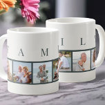 Mug FAMILLE Typographie moderne et photo personnalisée<br><div class="desc">Boug personnalisé avec le mot FAMILY, écrit dans la typographie moderne, au-dessus de vos photos. Le modèle photo est configuré pour vous pour ajouter 6 de vos photos préférées, qui sont affichées en format carré dans un style simple, style bande, collage photo. Cette pièce élégante et élégante a une palette...</div>