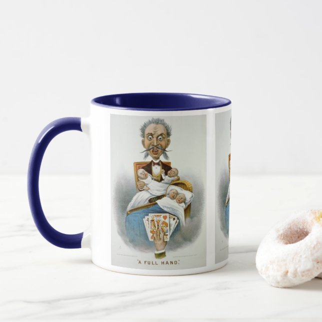 Mug Famille vintage, père avec bébés et main de poker (Avec donut)