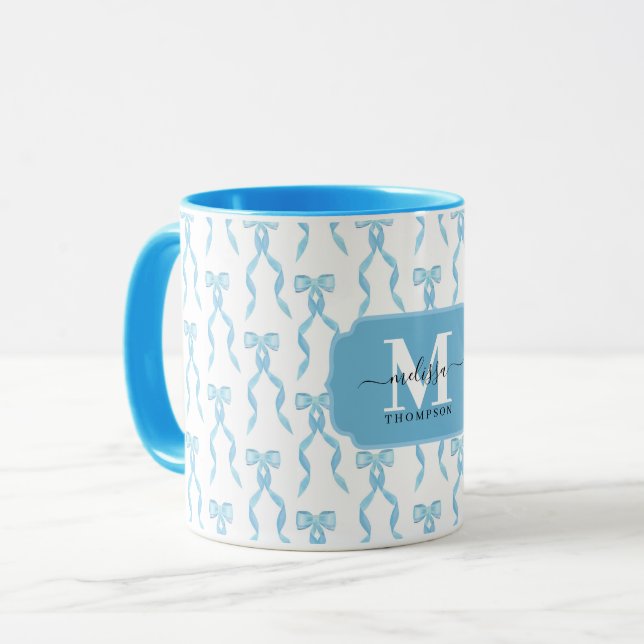 Mug Fancy Blue Bow Monogramme (Devant gauche)