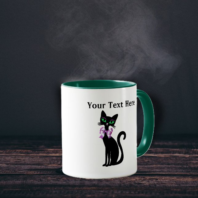 Mug Fancy Pretty Black Cat Pink Bow Green Eyes (Fancy pretty black cat green eyes wearing big pink bow on coffee mug for cat lovers.)