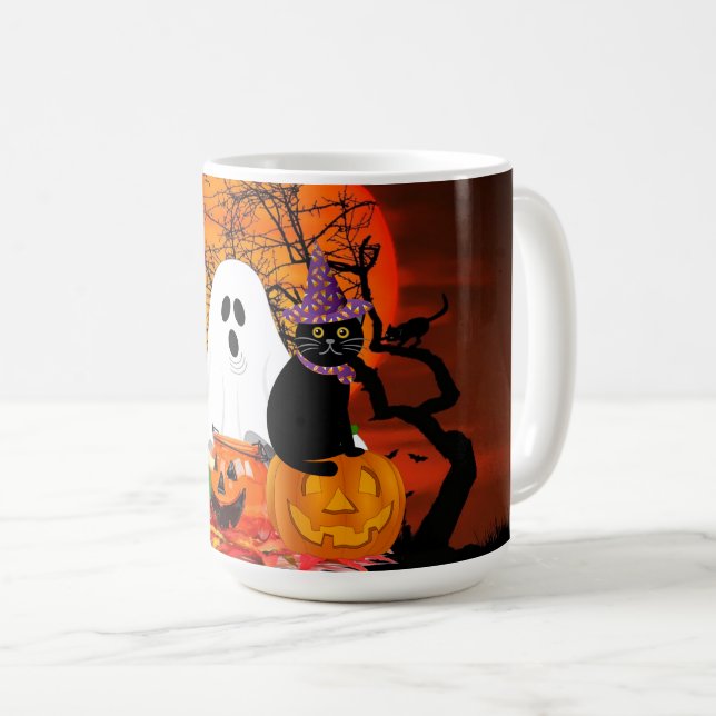 Mug Fantôme effrayant d'Halloween et chat noir  (Devant droit)