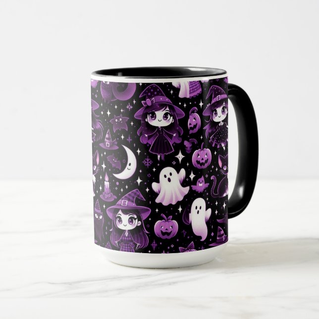 Mug Fantôme, Sorcières, Chats noirs, Chauves-souris et (Devant droit)