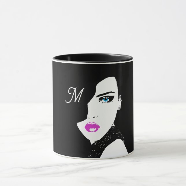 Mug Fashion Girl noir rose bleu (Centre)