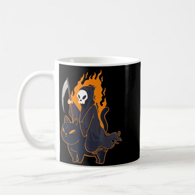 Mug Faucheuse montant un chat noir effrayant Halloween (Gauche)