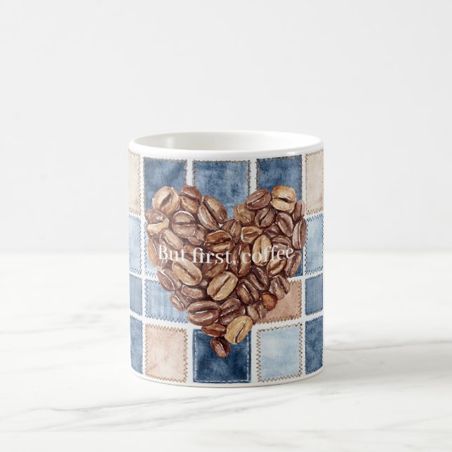 Mug Faux Blue Cream Denim First Coffee Beans Heart (Centre)