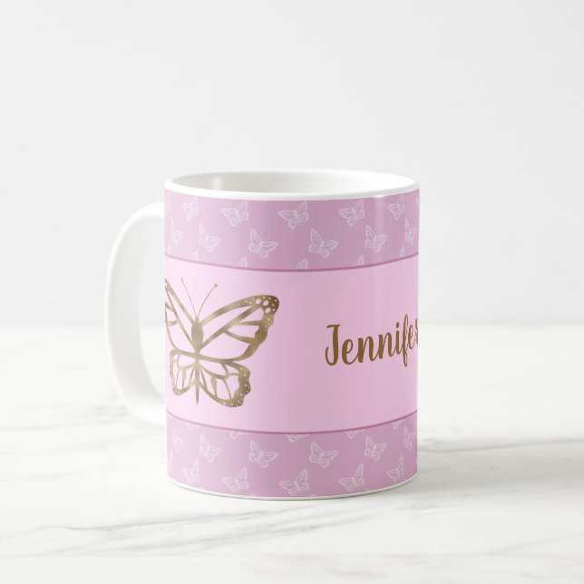 Mug Faux Gold Foil Look Papillon sur Lavender Purple (Devant gauche)