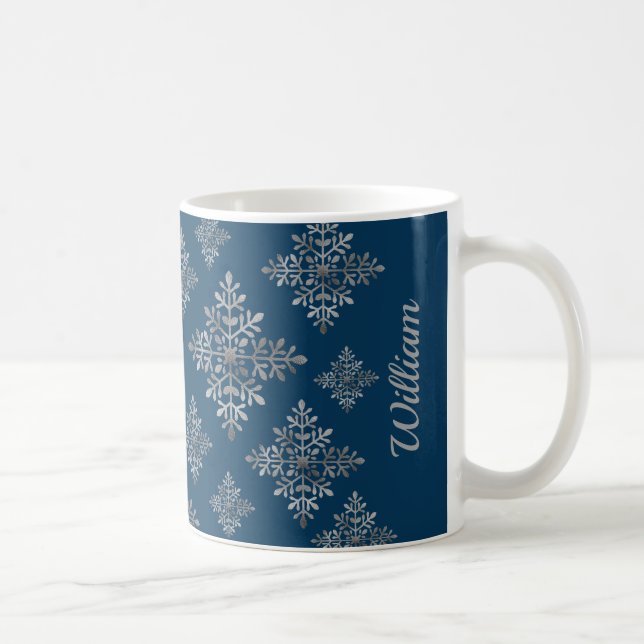 Mug Faux Gris Foil Faux Flakes À Neige Sur Bleu (Pas V (Droite)