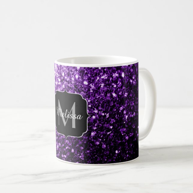 Mug Faux pailleté brillant violet foncé Monogramme (Devant droit)