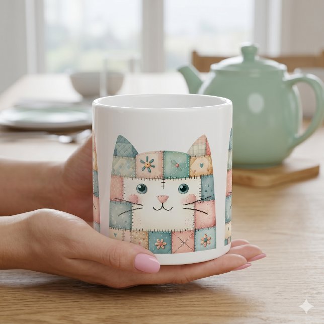 Mug Faux Patchwork Pastel Cottage Kitty Visage (Faux Patchwork Pastel Cottage Kitty Face Coffee Mug)