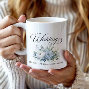 Mug Faveur de mariage floral bleu poussiéreux blanc