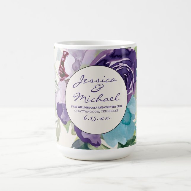 Mug Faveur de mariage florale aquarelle bleue violette (Centre)