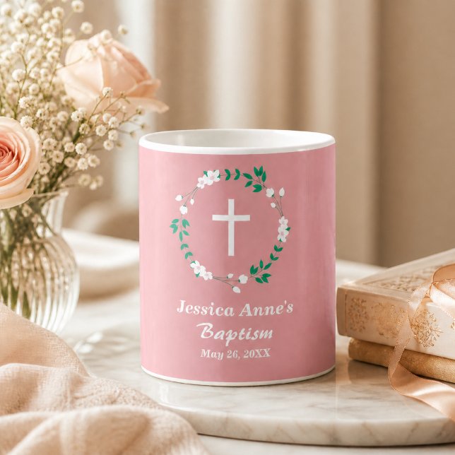 Mug Favori de baptême à croix florale rose poudrée bla (Créateur téléchargé)