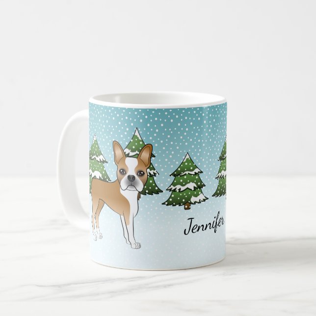 Mug Fawn Boston Terrier Dans Une Forêt D'Hiver & Nom (Devant gauche)