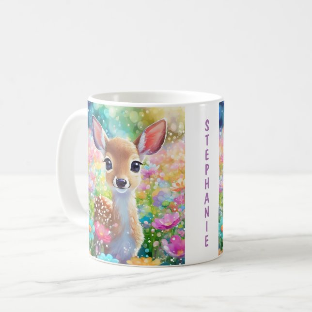 Mug Fawn Cute Deer Animal Personnalisé Girls Nom (Devant gauche)