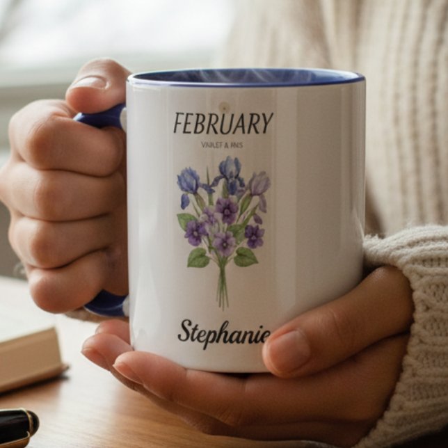 Mug February Birthday Violet Iris Botanical (Personalized February Birthday Violet Iris Botanical Mug )