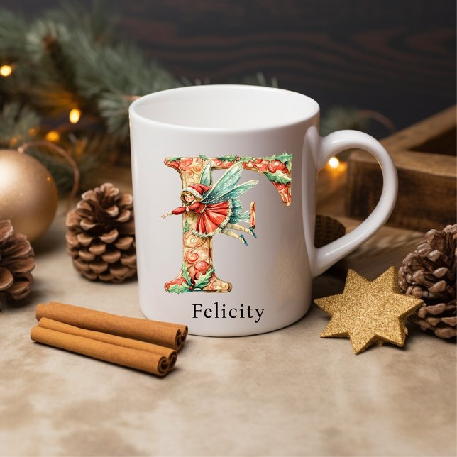 Mug Fée de Noël personnalisée avec monogramme initial  (Personalized Christmas Fairy Monogram Initial F Coffee Mug)