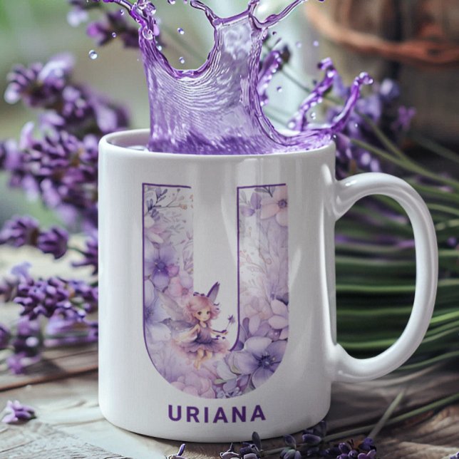 Mug Fée Lilac personnalisée Monogramme U (Personalized Lilac Fairy Monogram U Coffee Mug)