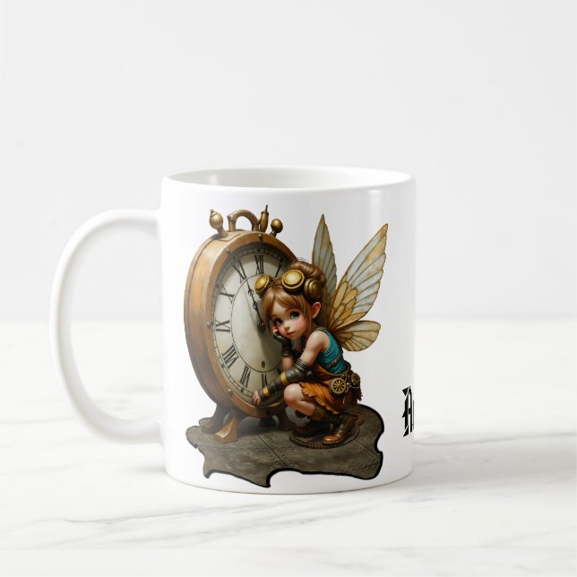 Mug Fée Steampunk avec ailes d'or et horloge antique (Gauche)