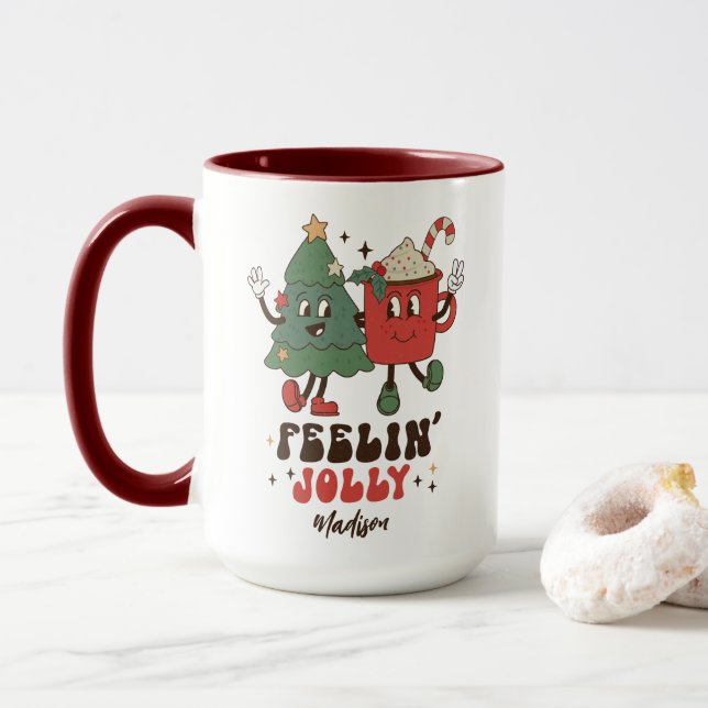 Mug Feelin' Jolly Fêtes de Noël Funny Retro Nom (Avec donut)