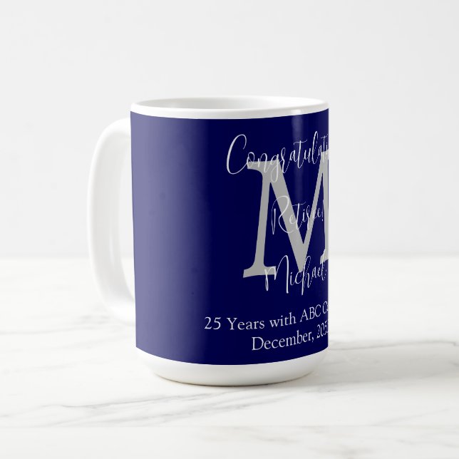 Mug Félicitations pour la retraite, Monogramme, Nom bl (Devant gauche)