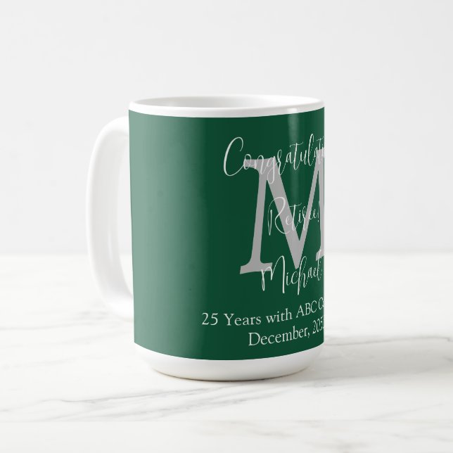 Mug Félicitations pour la retraite, Monogramme Nom Ver (Devant gauche)